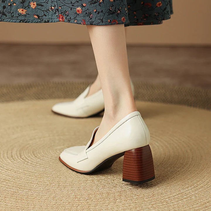 Black square toe leather block heel pumps for capsule wardrobe outfit