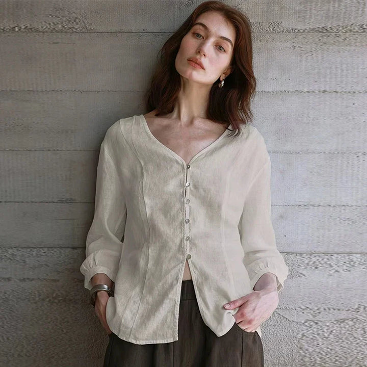 Fitted V-Neck Linen Blouse | Summer Workwear