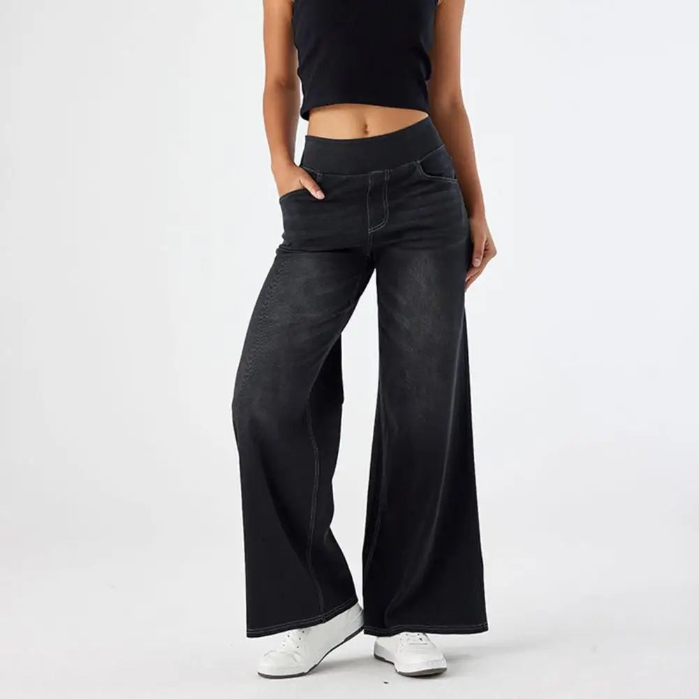 Pull-on wide leg jeans with elastic waist for comfortable everyday outfit