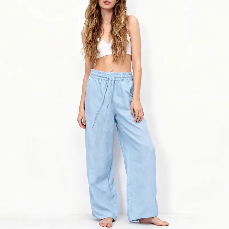 White drawstring linen wide leg lounge pants for summer capsule wardrobe