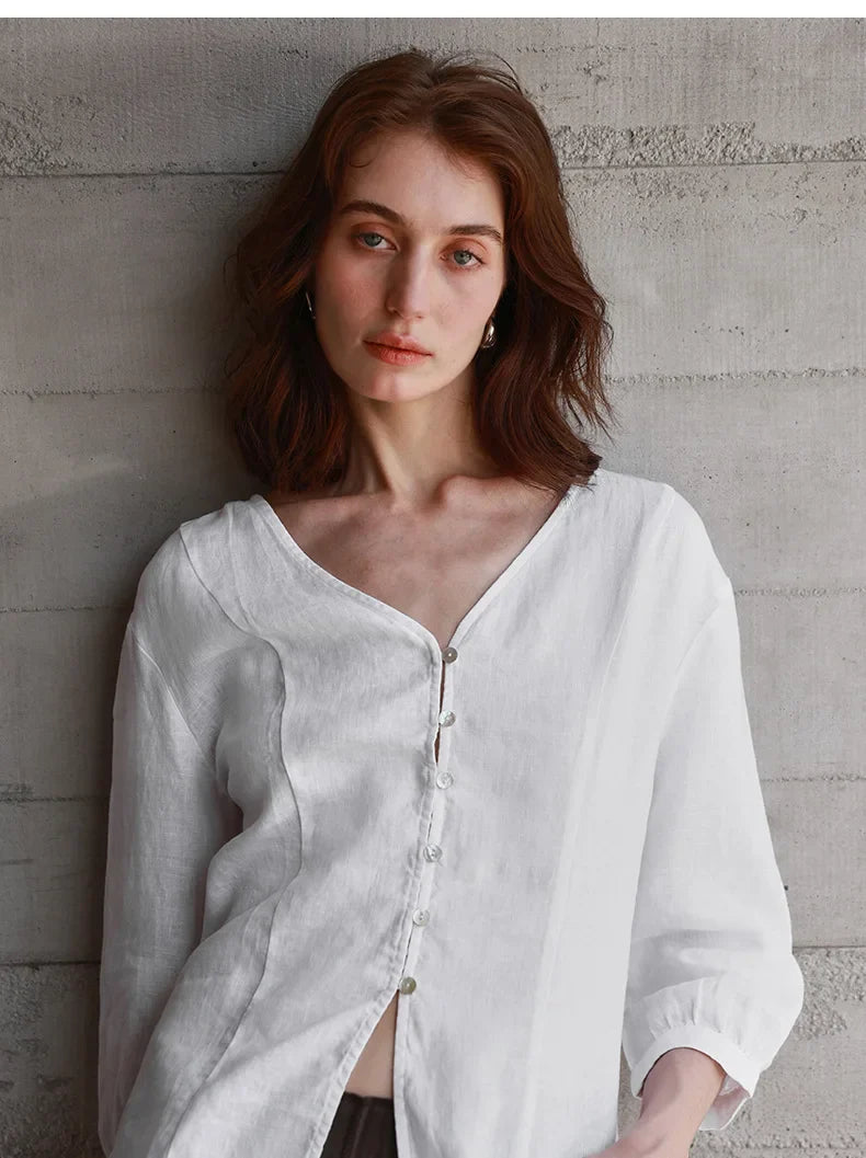 Fitted V-Neck Linen Blouse | Summer Workwear