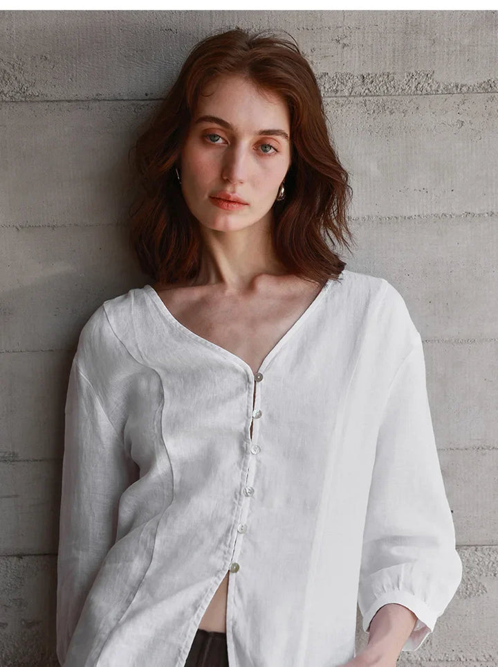 Fitted V-Neck Linen Blouse | Summer Workwear