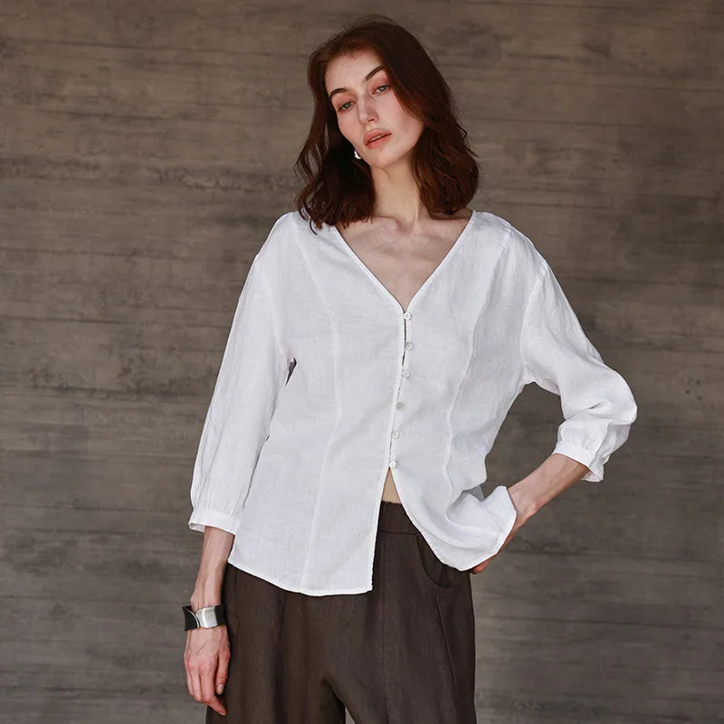 Fitted V-Neck Linen Blouse | Summer Workwear