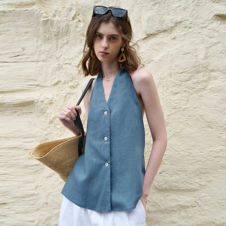 White halter linen waistcoat top for summer outfit with wide leg pants