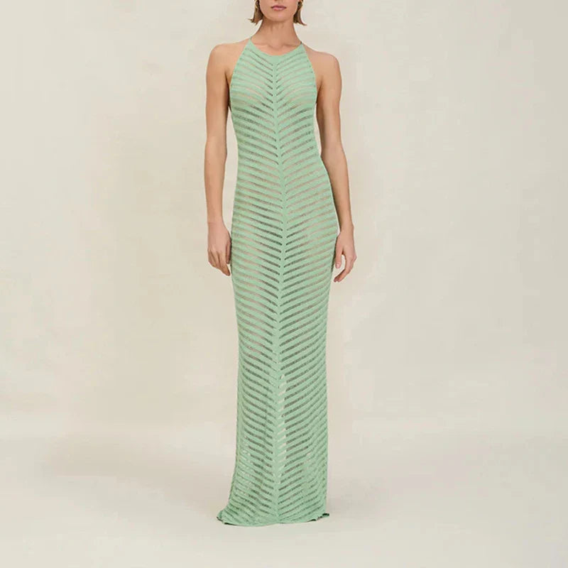 Ivory chevron crochet halter maxi dress for summer vacation and beach resort outfit