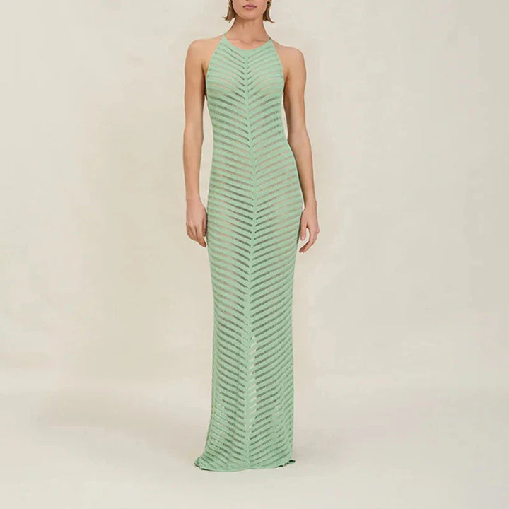 Ivory chevron crochet halter maxi dress for summer vacation and beach resort outfit