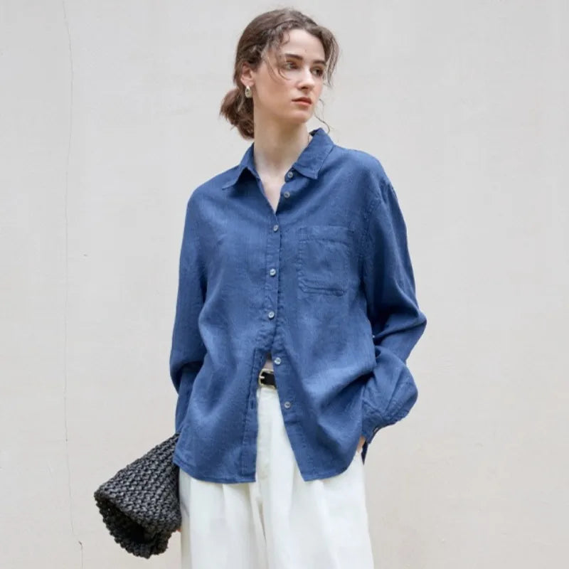 Indigo blue linen button-down shirt for summer capsule wardrobe outfit