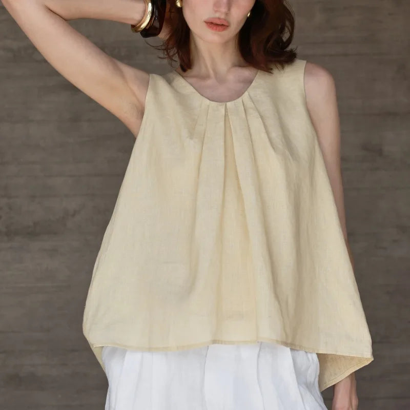 White gathered pleat linen tank top for summer capsule wardrobe outfit