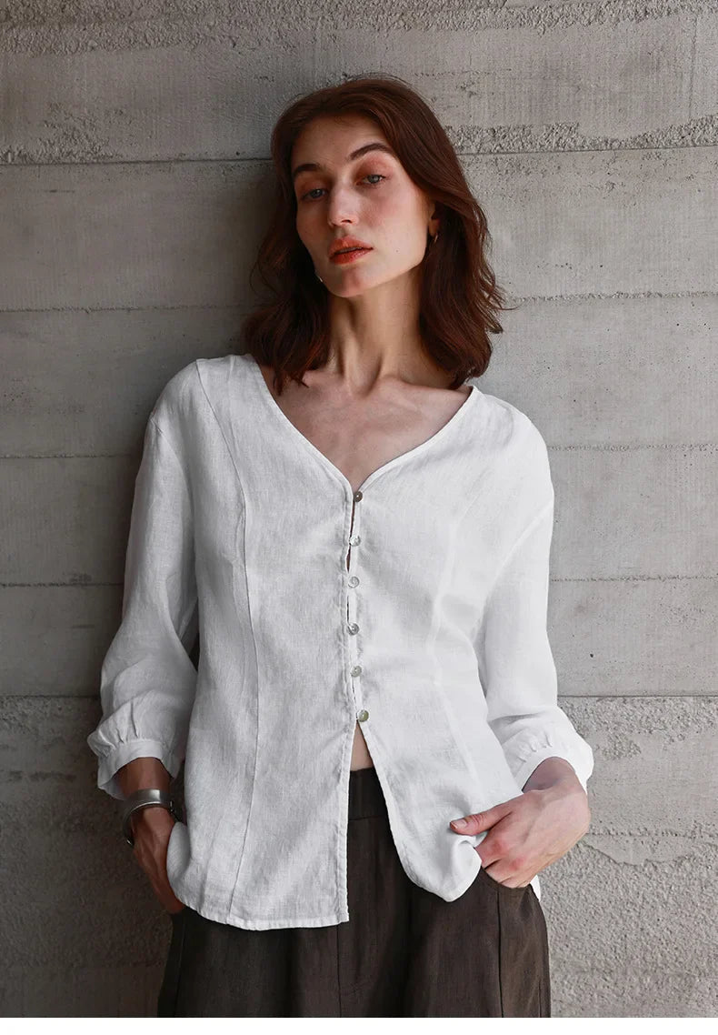 Fitted V-Neck Linen Blouse | Summer Workwear