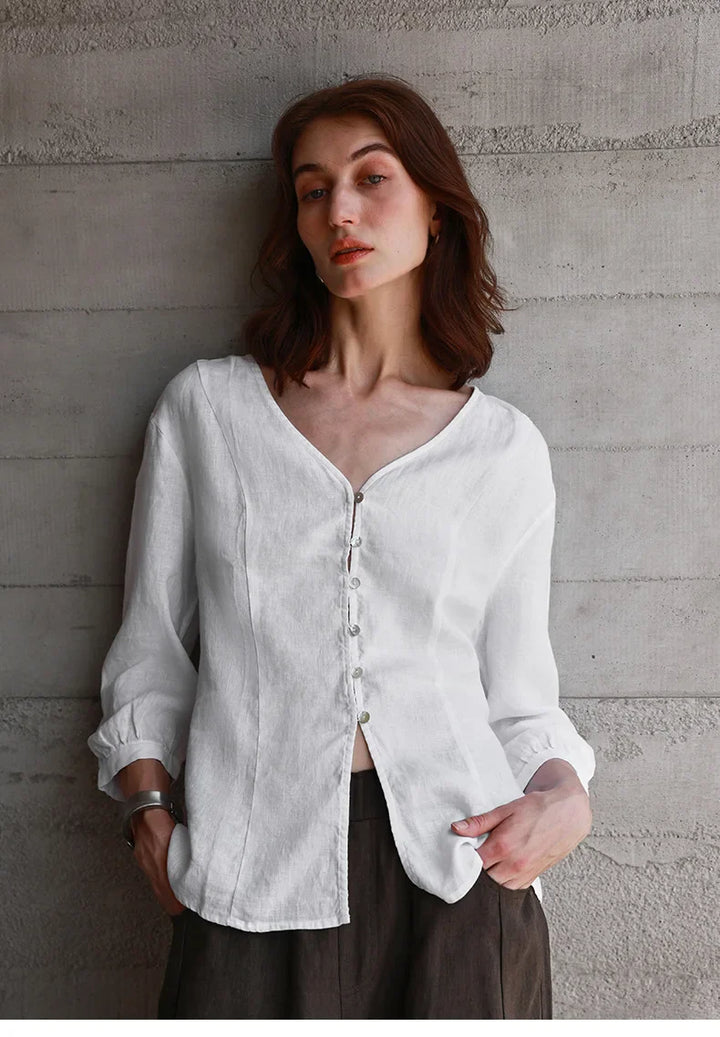 Fitted V-Neck Linen Blouse | Summer Workwear