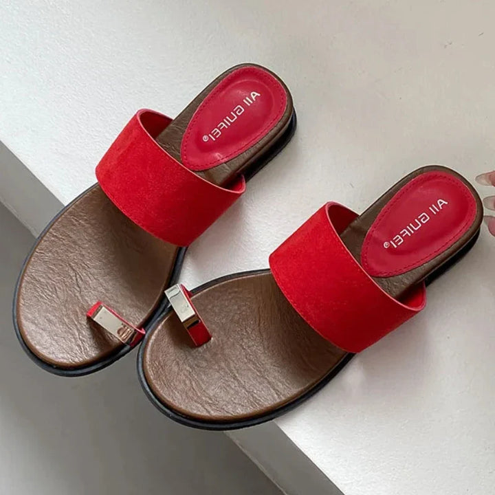Tan suede wide strap toe ring slide sandals for summer outfit