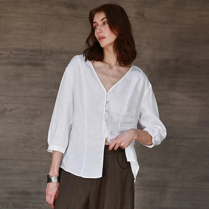 Fitted V-Neck Linen Blouse | Summer Workwear