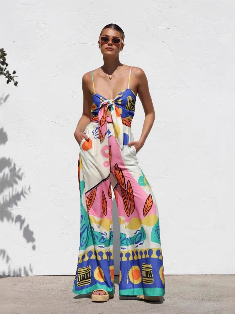 Abstract print wide leg jumpsuit with tie-front cami for cocktail party outfit