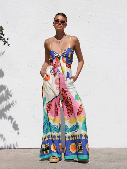 Abstract print wide leg jumpsuit with tie-front cami for cocktail party outfit