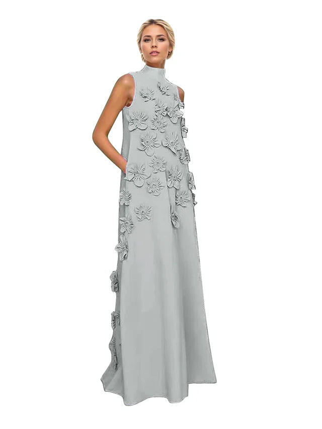 Genevieve 3D floral A-line evening gown in silver