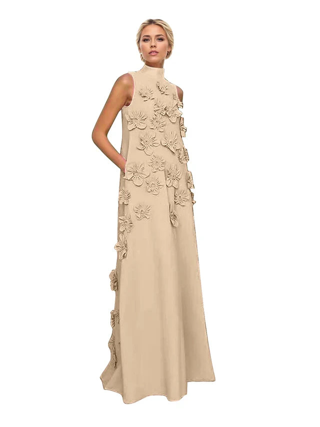 Genevieve 3D floral A-line evening gown in taupe