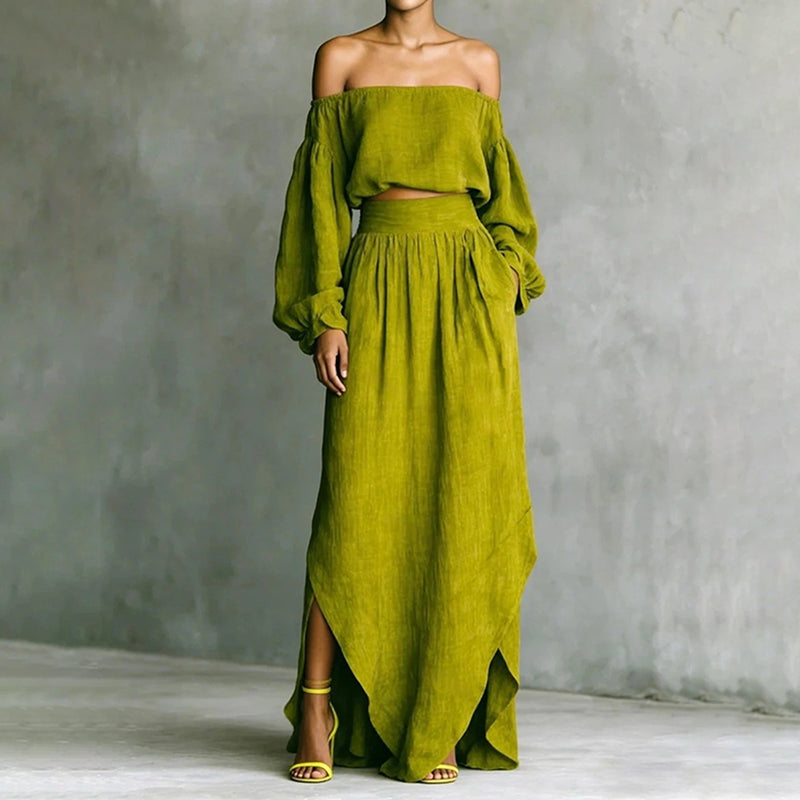 Solid-color Off-shoulder Top And Asymmetrical Skirt Two-piece Set