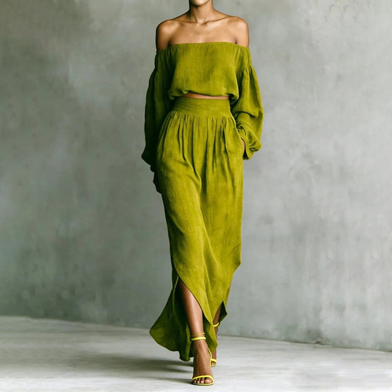 Solid-color Off-shoulder Top And Asymmetrical Skirt Two-piece Set