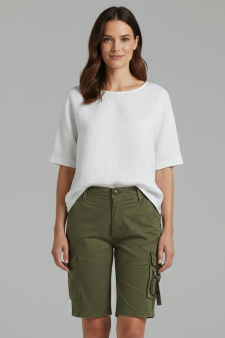 Army Green cargo shorts worn with a white tee, full front
