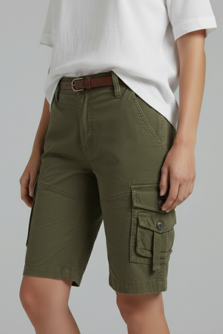 Army Green cargo shorts, three-quarter view with flap cargo pocket