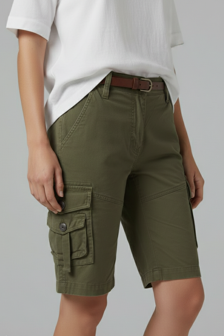 Army Green cargo shorts, side cargo pocket detail