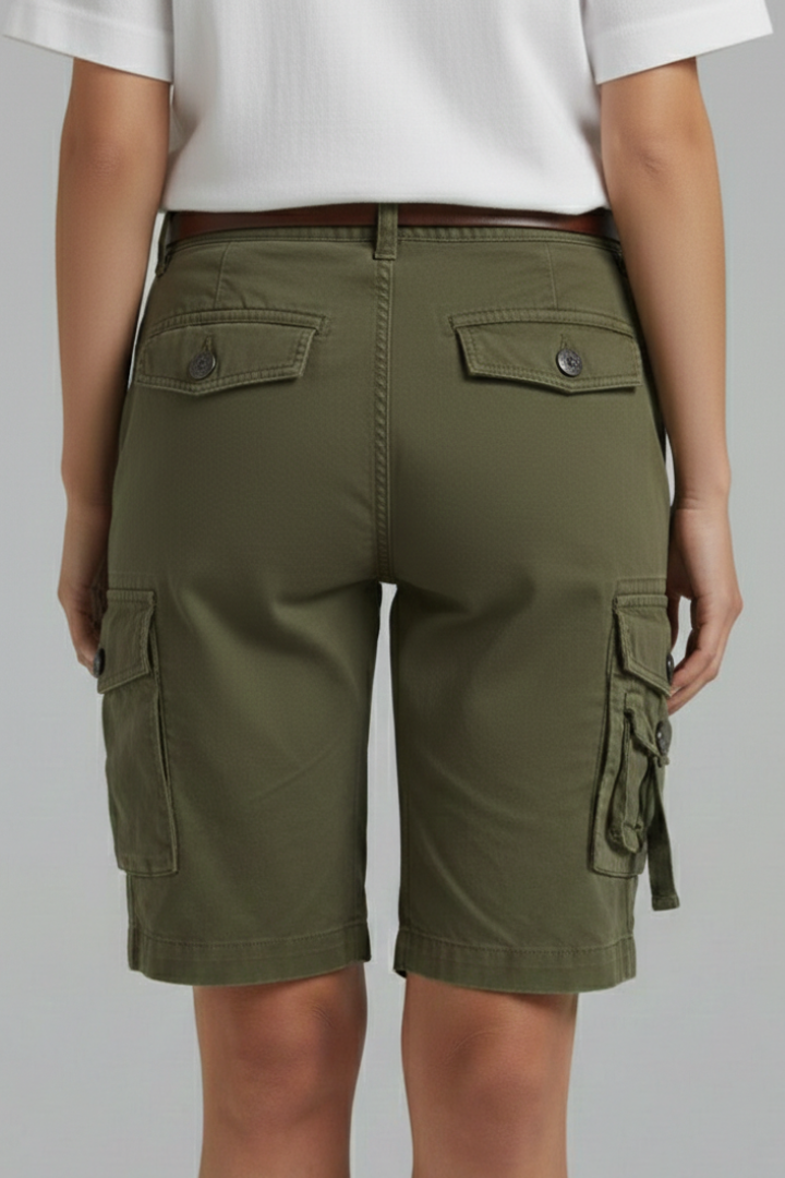 Army Green cargo shorts, back view with flap pockets