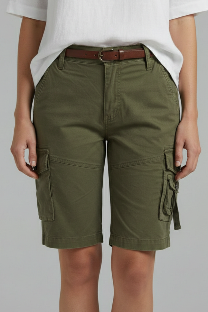 Army Green cargo shorts, waistband and belt loop detail
