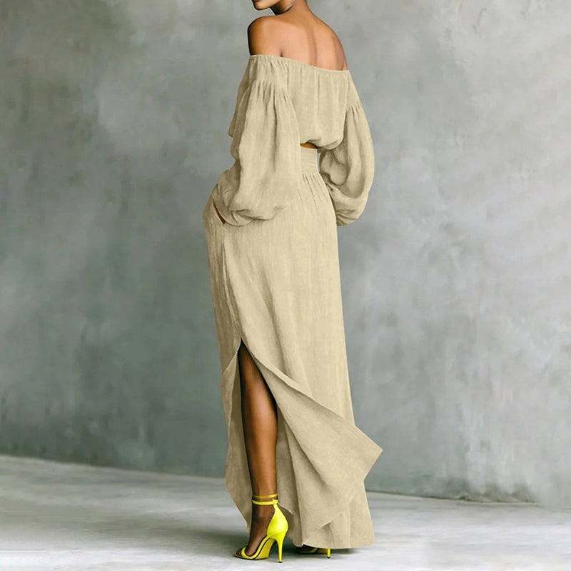Solid-color Off-shoulder Top And Asymmetrical Skirt Two-piece Set