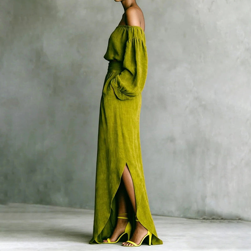 Solid-color Off-shoulder Top And Asymmetrical Skirt Two-piece Set