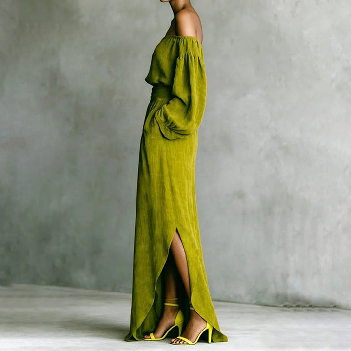 Solid-color Off-shoulder Top And Asymmetrical Skirt Two-piece Set