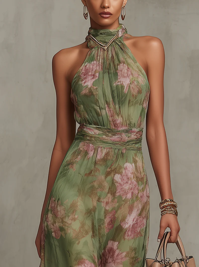 Green Floral Halter Maxi Dress for Women - View 3