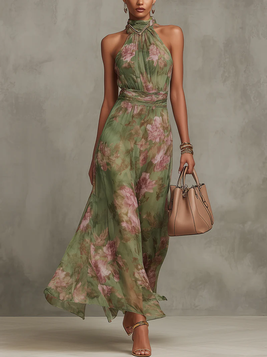 Green Floral Halter Maxi Dress for Women - View 1