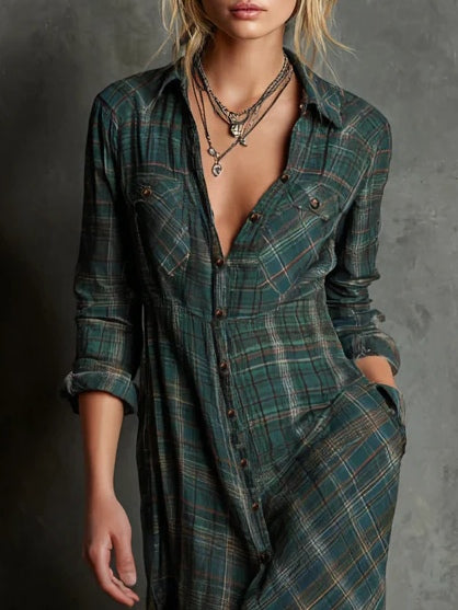 Maren plaid maxi shirt dress, button-front bodice and notch collar detail