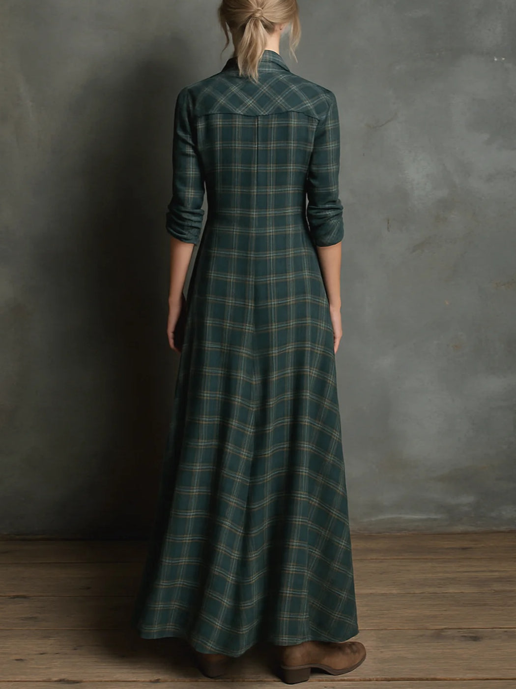 Maren plaid maxi shirt dress in green, back view