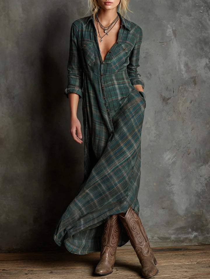 Maren plaid maxi shirt dress in green, front view