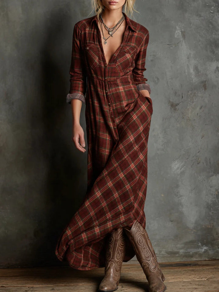 Maren plaid maxi shirt dress in reddish brown, front view