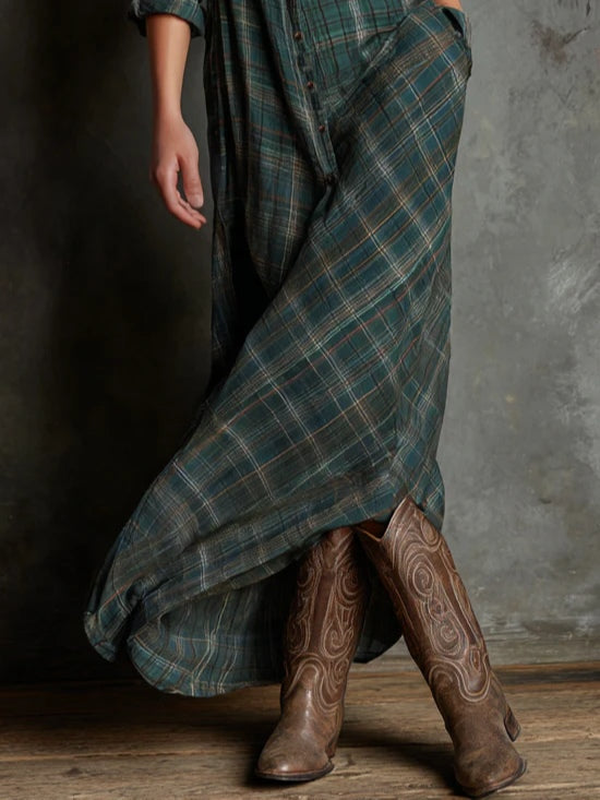 Maren plaid maxi shirt dress in green, flowing skirt and side pocket detail