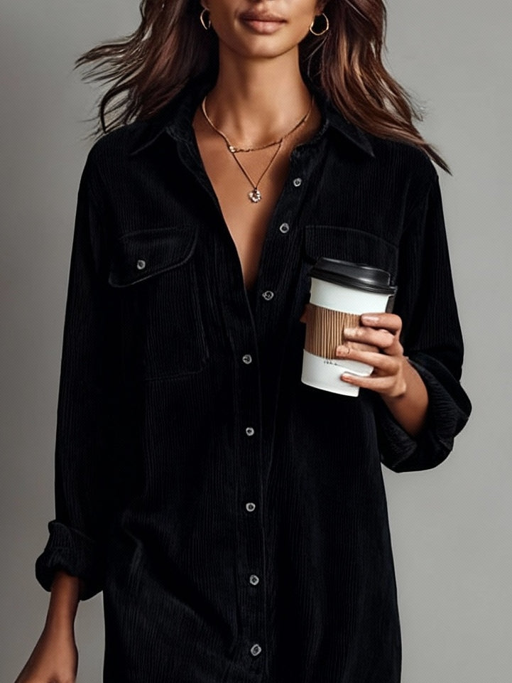 Delphine corduroy midi shirt dress in black, detail