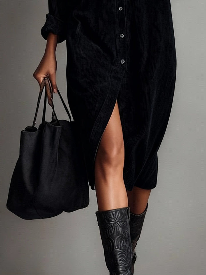 Delphine corduroy midi shirt dress in black, back view