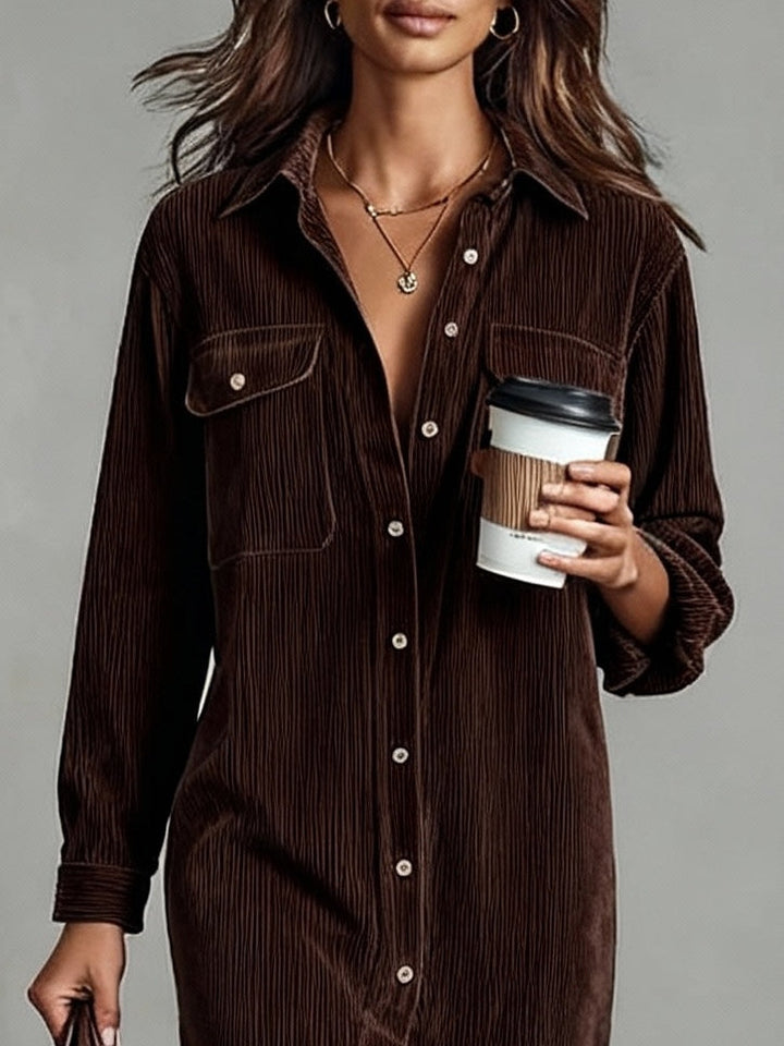 Delphine corduroy midi shirt dress in dark brown, detail