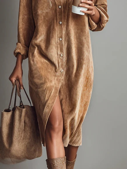 Delphine corduroy midi shirt dress in brown, back view