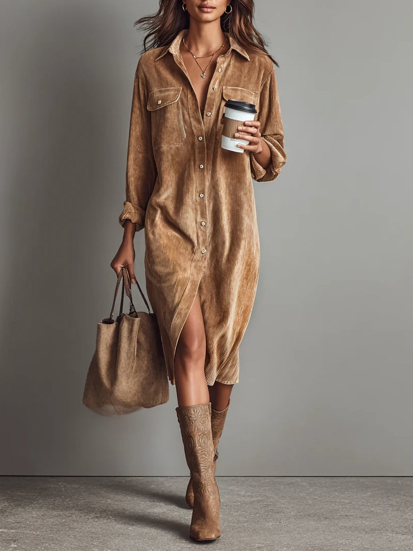 Delphine corduroy midi shirt dress in brown, front view
