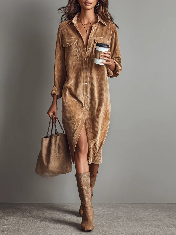 Delphine corduroy midi shirt dress in brown, front view