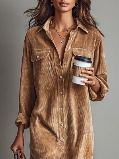 Delphine corduroy midi shirt dress in brown, detail
