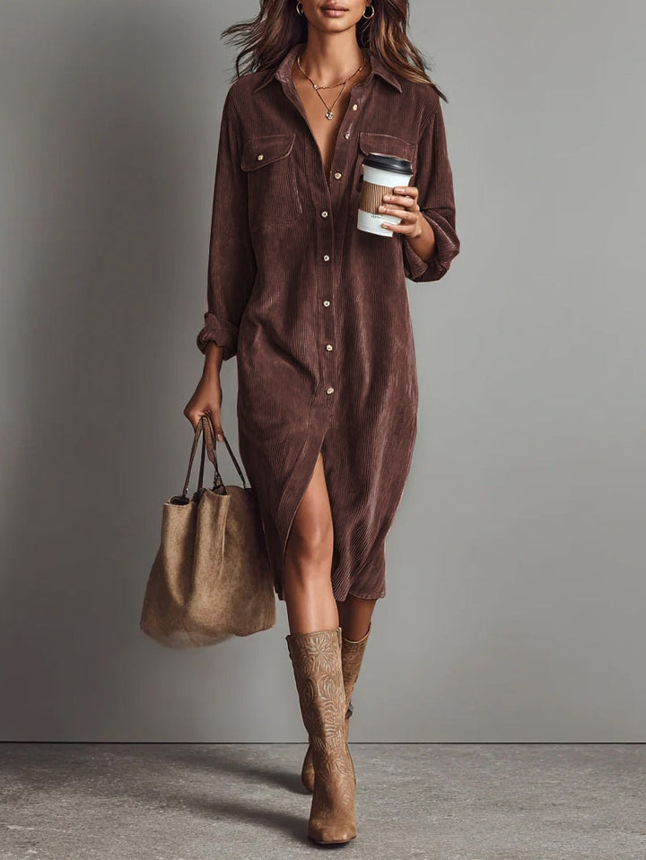 Delphine corduroy midi shirt dress in brown red, front view
