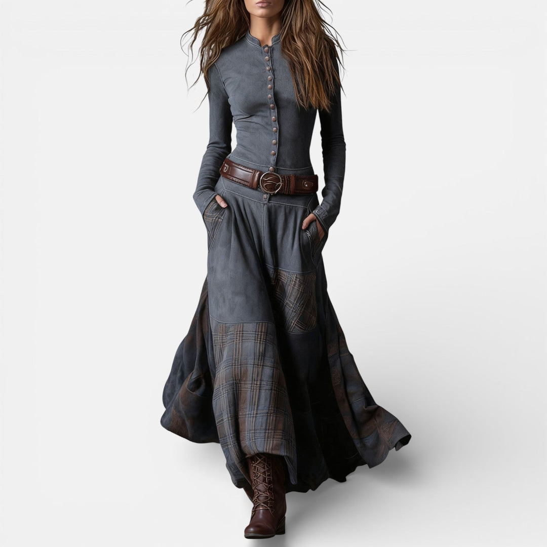 Leonora | Vintage Long Dress in Navy Blue Suede Check (Includes Belt)