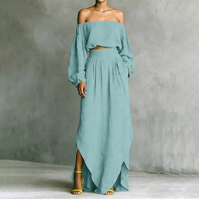 Solid-color Off-shoulder Top And Asymmetrical Skirt Two-piece Set
