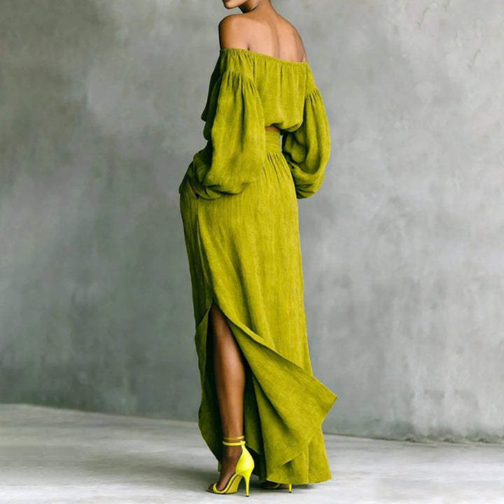 Solid-color Off-shoulder Top And Asymmetrical Skirt Two-piece Set