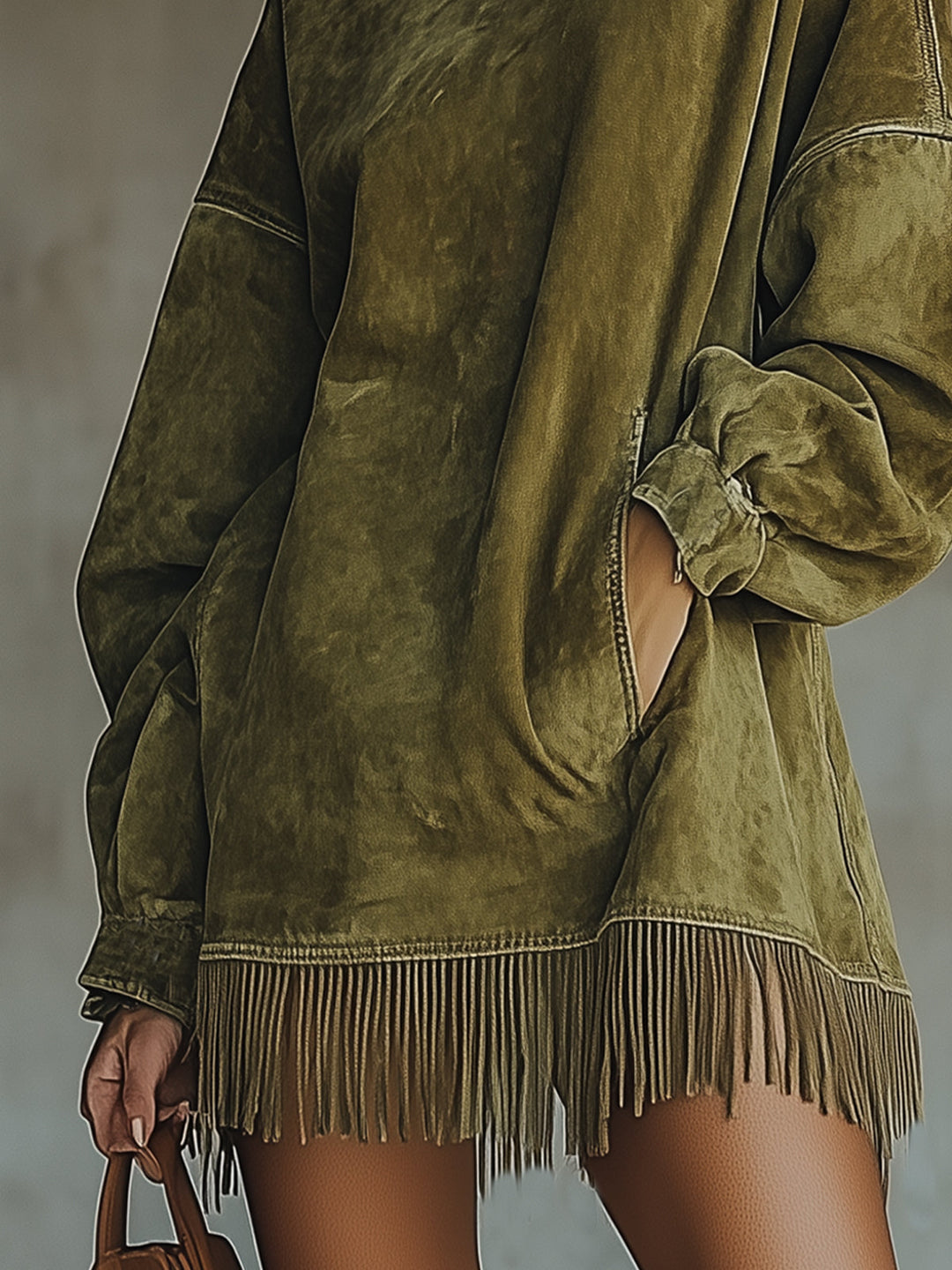 Close-up of olive suede fringe hem and side pocket detail