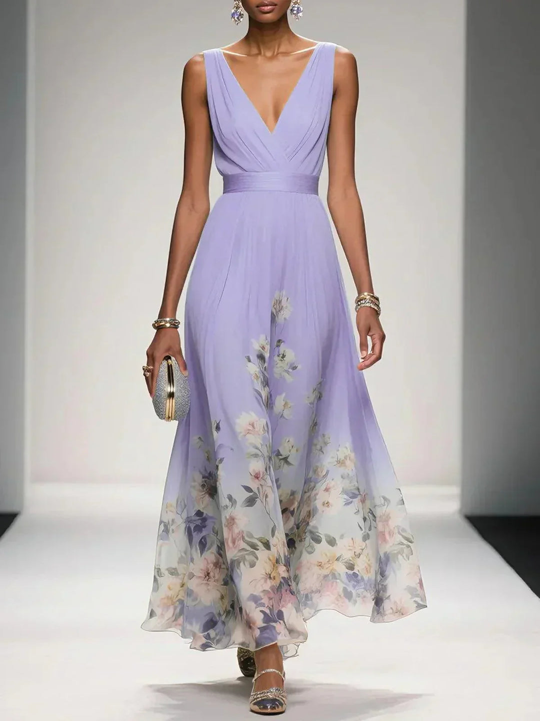 Genevieve floral chiffon wedding guest maxi dress in Purple, front view